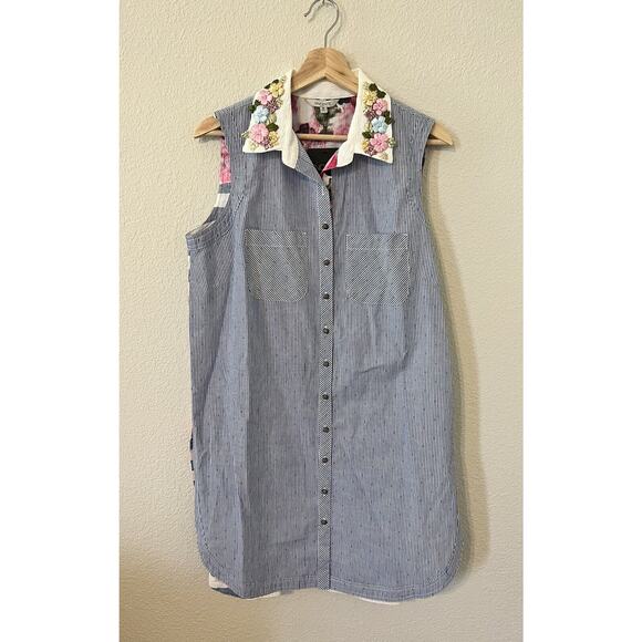 Vincente Tunic Top White Blue Sleeveless Floral Collar Hi Lo Hem Size Medium - Picture 1 of 16